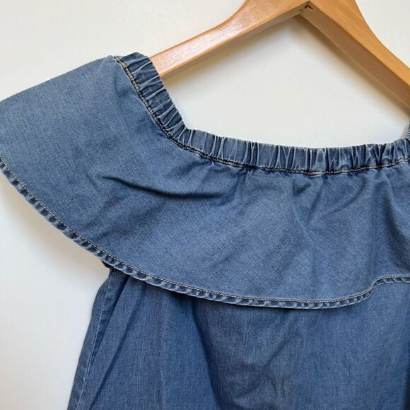 Chelsea28 Chambray Denim Ruffle Top Off the Shoulder Blouse Blue womens size xs - Picture 7 of 10